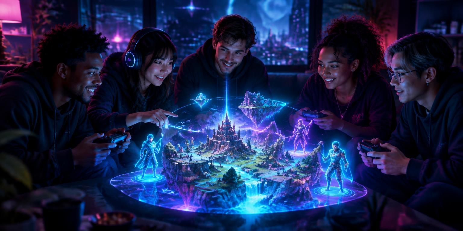 Group of friends playing a game around a holographic world