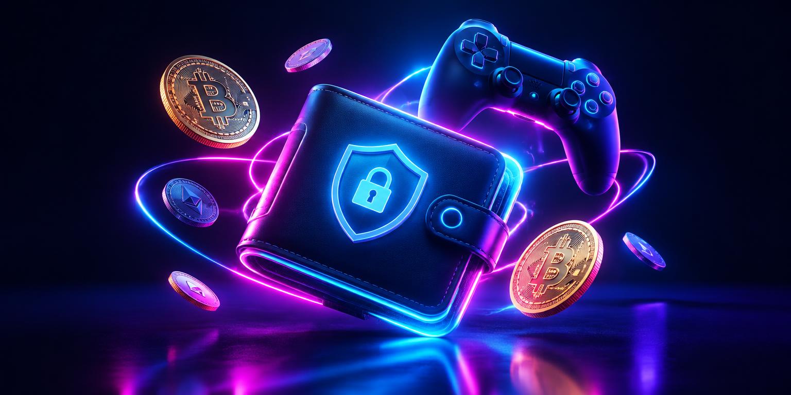 Secure crypto wallet with a shield, coins and a game controller