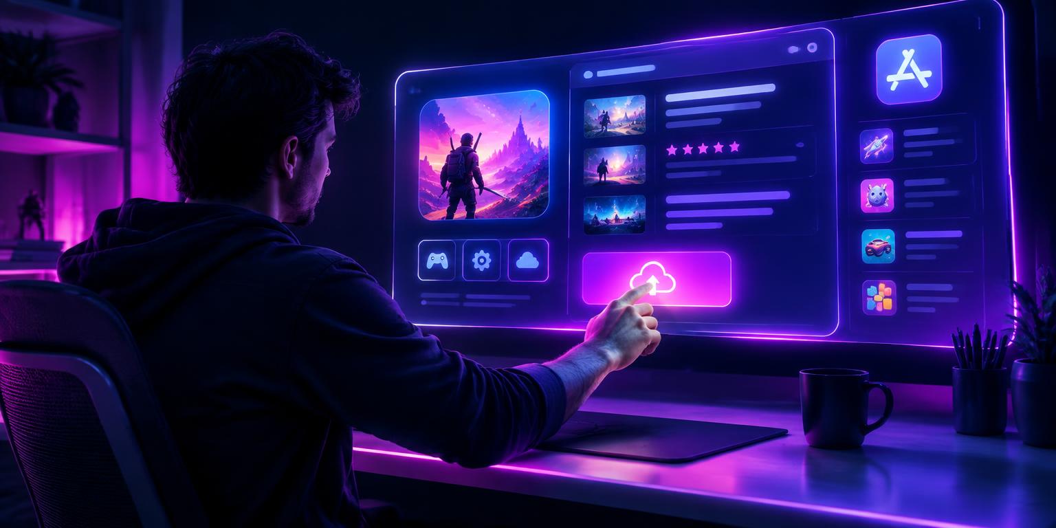 Creator uploading a game to a glowing app store screen