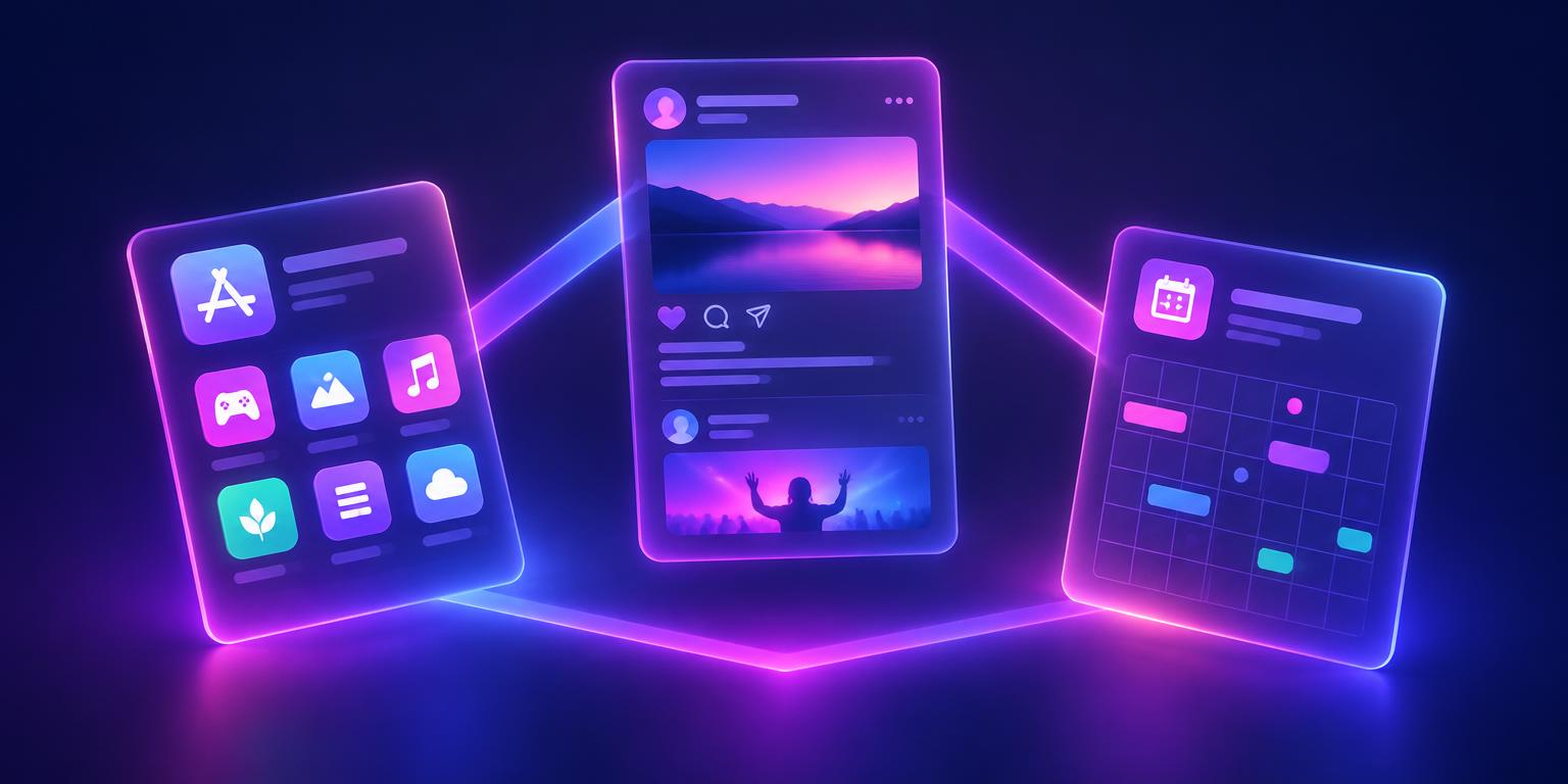 Three connected panels: an app store, a social feed and an events calendar